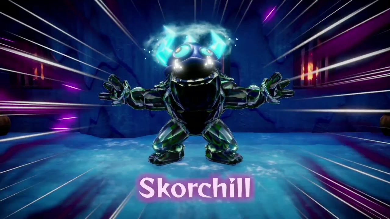 Lanayru Temple Dungeon - The Legend of Zelda: Echoes of Wisdom Walkthrough 77 Skorchill's name card: a yeti in dark crystal armor with an icy helmet, at the Lanayru Temple boss arena.