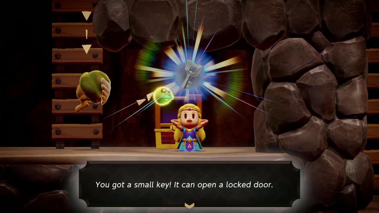 Eldin Temple Dungeon - The Legend of Zelda: Echoes of Wisdom Walkthrough 32 Zelda holds up a Small Key from the chest in the Eldin Temple side-scrolling cavern.