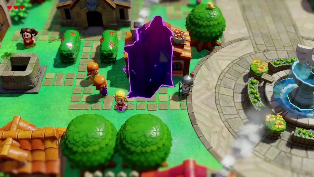 Zelda walks through Hyrule Castle Town past a small purple rift near the fountain