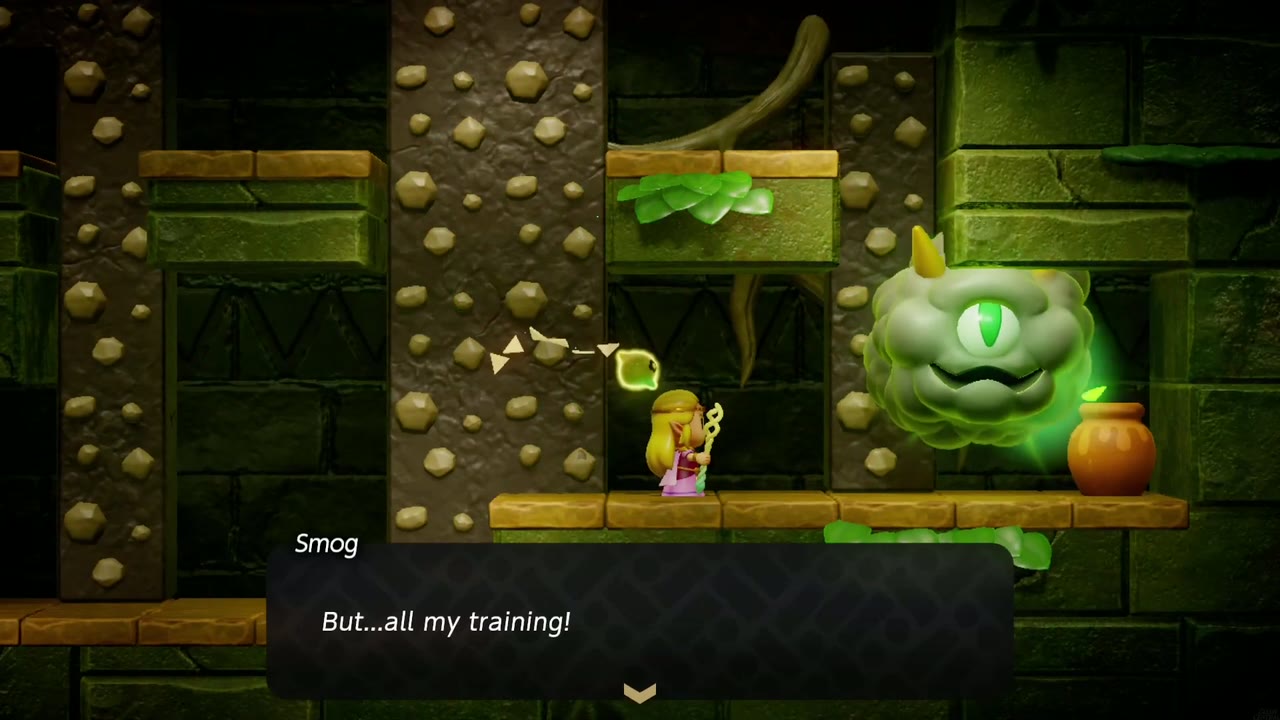 The beaten Smog wails "But...all my training!" as Zelda stands before it. The beaten Smog wails "But...all my training!" as Zelda stands before it.