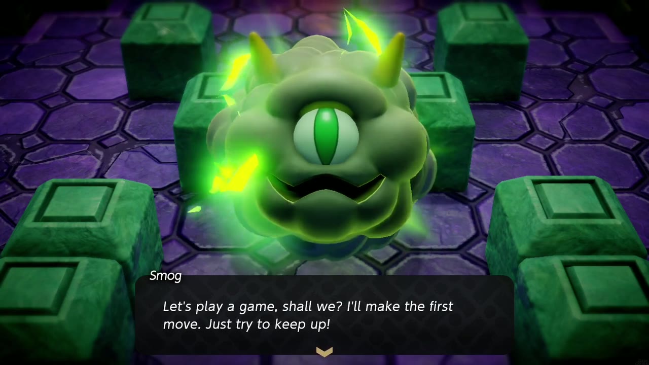 Smog, a green one-eyed cloud, challenges Zelda to a game in the ruins' boss room. Smog, a green one-eyed cloud, challenges Zelda to a game in the ruins' boss room.