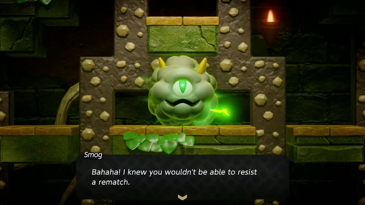 Smog greets Zelda in the Hidden Ruins arena, saying it knew she couldn't resist a rematch. Smog greets Zelda in the Hidden Ruins arena, saying it knew she couldn't resist a rematch.