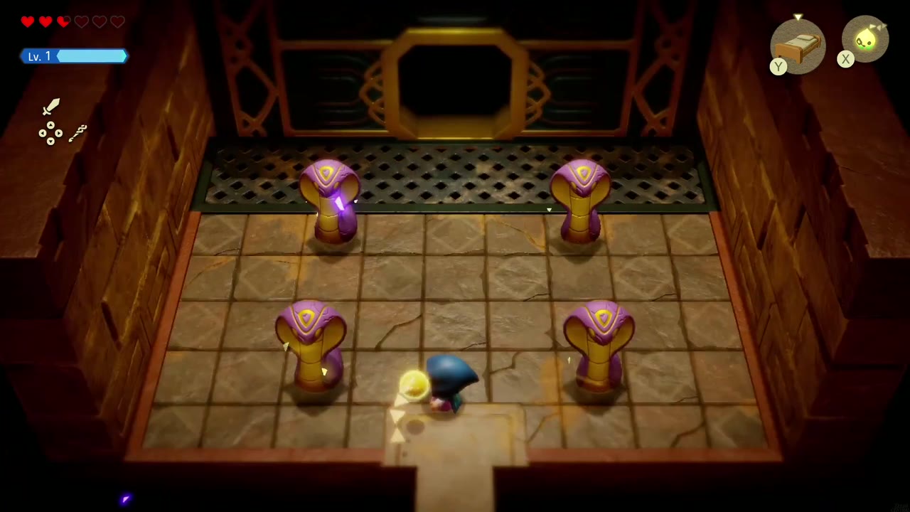 Gerudo Sanctum Dungeon - The Legend of Zelda: Echoes of Wisdom Walkthrough 31 The room beyond holds four Snake Statues in front of a grated window, ready to learn as an echo.