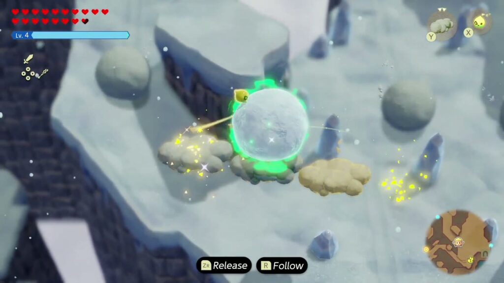 Zelda trägt den gebundenen Schneeball über eine Lücke auf Cloud Echos in Richtung des Sockels auf dem Hebra-Berg.
