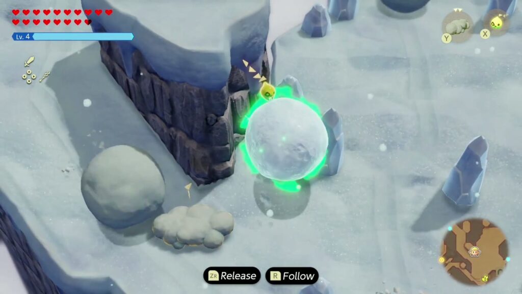 Hebra Mountain: A Rift on Holy Mount Lanayru - The Legend of Zelda: Echoes of Wisdom Walkthrough 113 A Cloud echo bridges the gap as Zelda carries the snowball toward the pedestal on Hebra Mountain.
