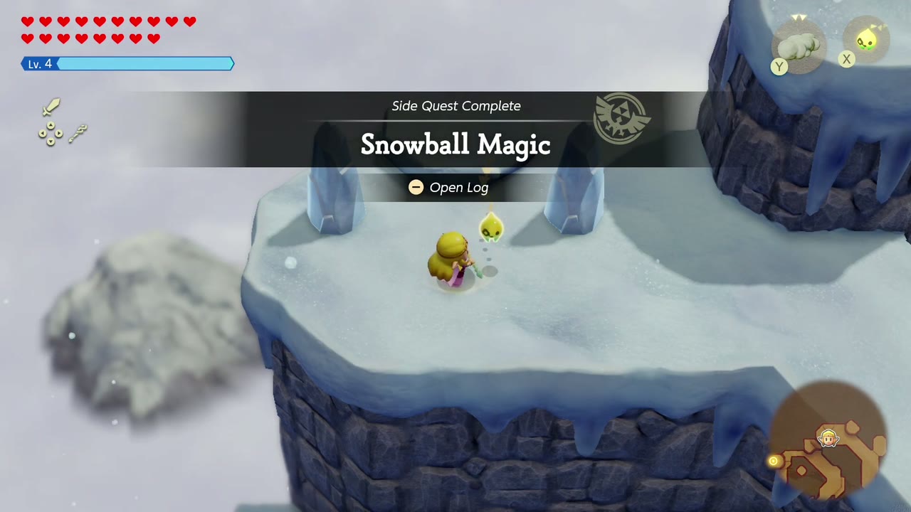 The Side Quest Complete banner for Snowball Magic beside the pedestal on Hebra Mountain. The Side Quest Complete banner for Snowball Magic beside the pedestal on Hebra Mountain.