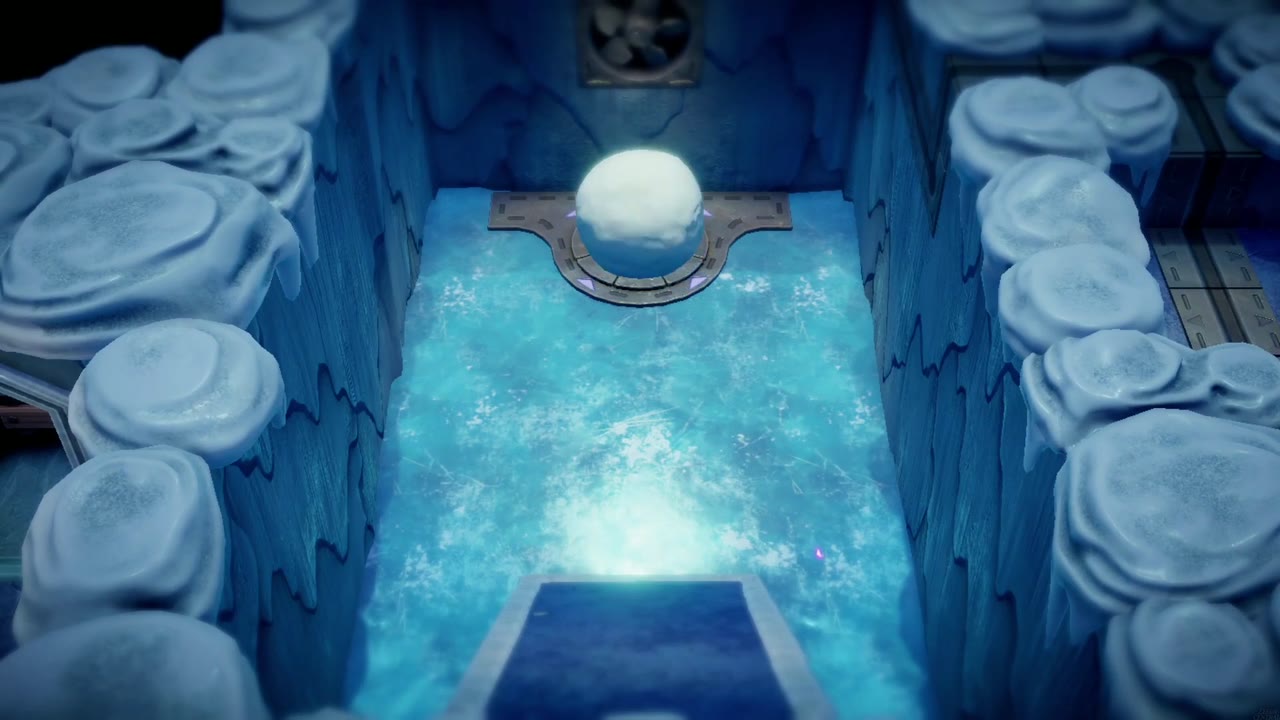 Lanayru Temple Dungeon - The Legend of Zelda: Echoes of Wisdom Walkthrough 74 The giant snowball slides across the smooth ice and lands on the big yellow switch.