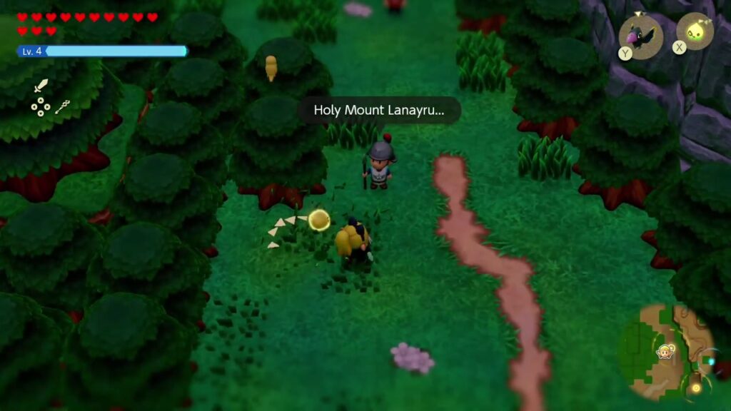 Hebra Mountain: A Rift on Holy Mount Lanayru - The Legend of Zelda: Echoes of Wisdom Walkthrough 1 Zelda approaches a Hyrule soldier on the forest path below Hebra Mountain who is thinking about Holy Mount Lanayru.
