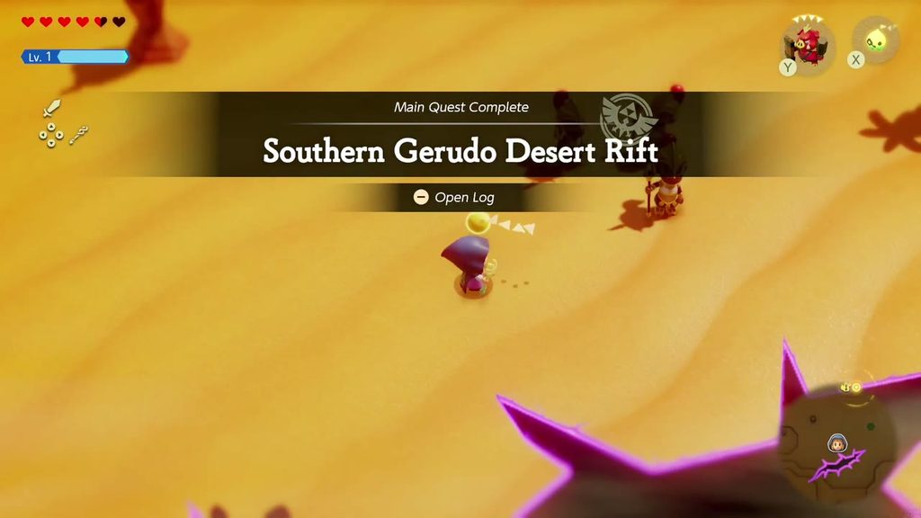 A Rift in the Gerudo Desert - The Legend of Zelda: Echoes of Wisdom Walkthrough 41 Main Quest Complete banner for Southern Gerudo Desert Rift after the warriors are refreshed.