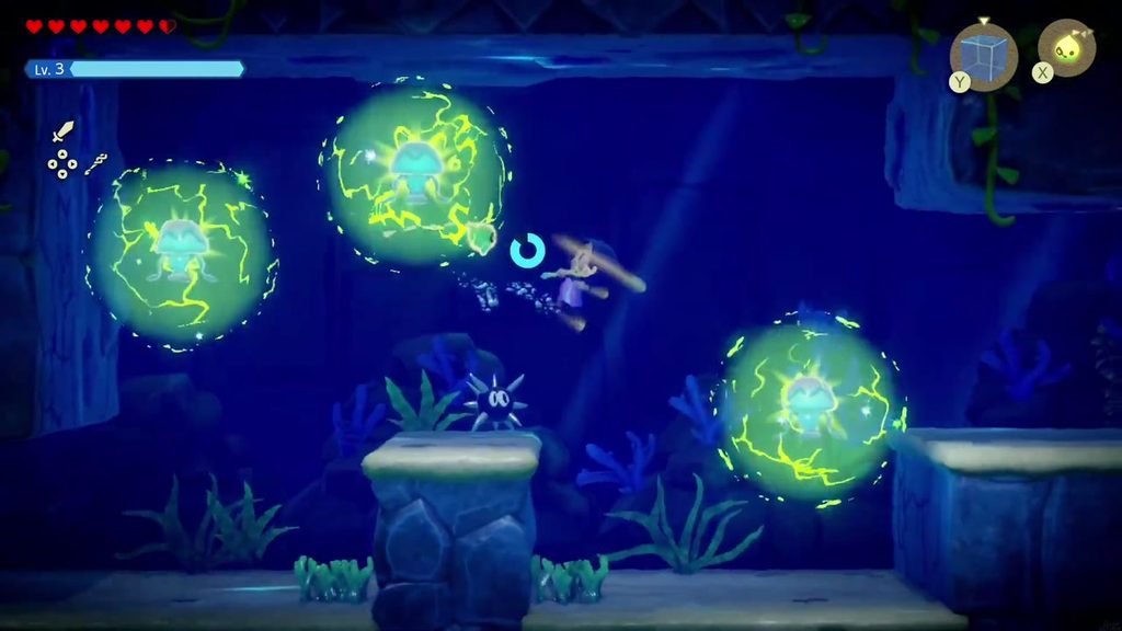 Electrified jellyfish crackle around Zelda as she keeps swimming right during the chase.
