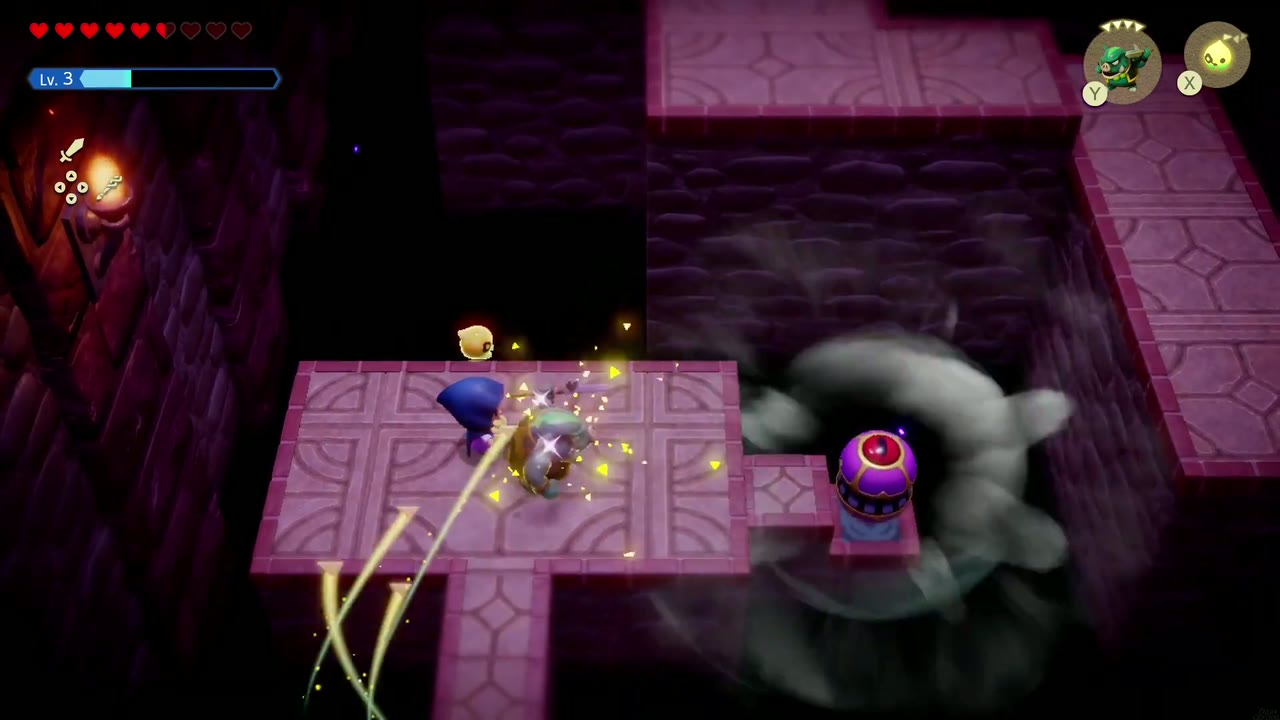 Hyrule Castle: Still Missing - The Legend of Zelda: Echoes of Wisdom Walkthrough 76 A Spear Moblin echo attacks a wind-blowing Gustmaster on a void walkway platform.