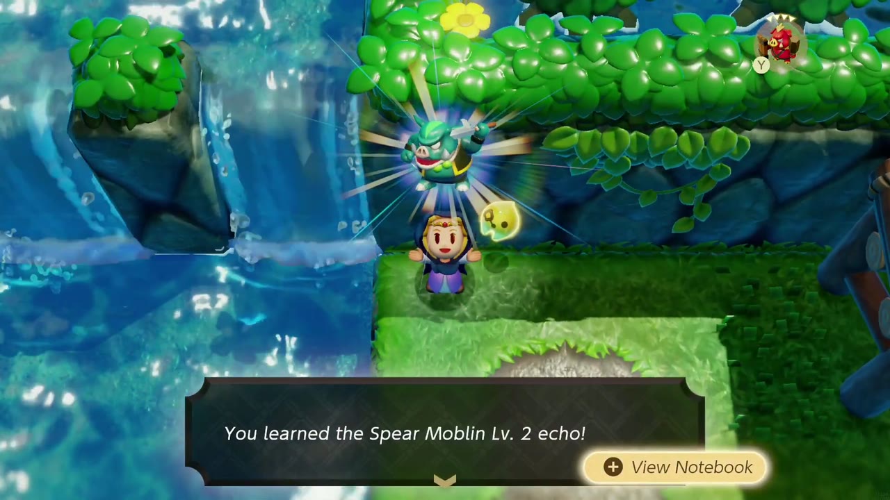 Zelda aprende a usar a Lança. Moblin Nível 2 ecoa ao lado de uma cachoeira nas ilhas fluviais de Jabul Waters. Zelda aprende a usar a Lança. Moblin Nível 2 ecoa ao lado de uma cachoeira nas ilhas fluviais de Jabul Waters.