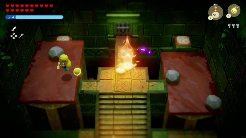 Faron Temple Dungeon - The Legend of Zelda: Echoes of Wisdom Walkthrough 64 Stairway room with two red tables; a burning web sits at the barred stairs while Zelda stands on a table.