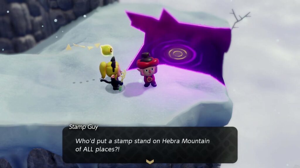Hebra Mountain: A Rift on Holy Mount Lanayru - The Legend of Zelda: Echoes of Wisdom Walkthrough 76 Stamp Guy stands beside the small rift that swallowed his Hebra Mountain stamp stand.
