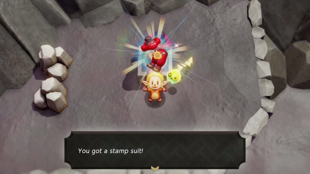 The Rift on Eldin Volcano - The Legend of Zelda: Echoes of Wisdom Walkthrough 91 Zelda holds up the Stamp Suit, the Stamp Guy's prize for completing the stamp rally at the Eldin stand.