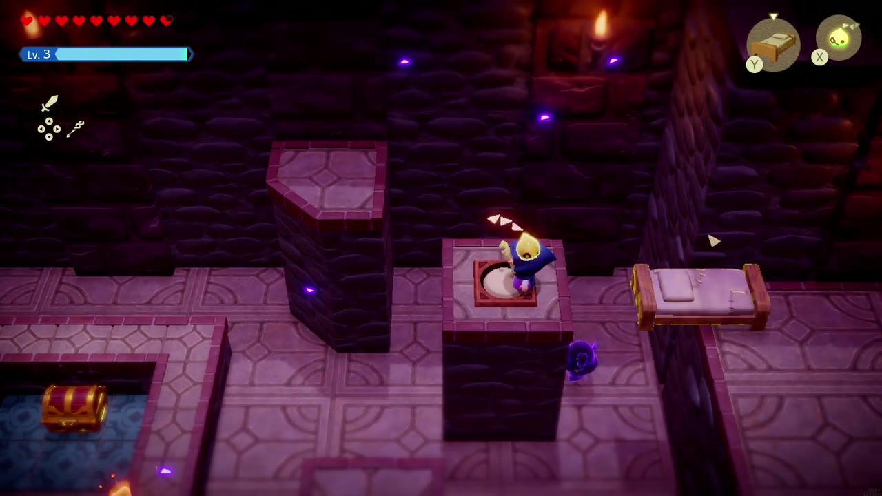 Hyrule Castle: Still Missing - The Legend of Zelda: Echoes of Wisdom Walkthrough 89 Zelda stands on the pillar-top switch after climbing an Old Bed, with the revealed chest in the sunken square.
