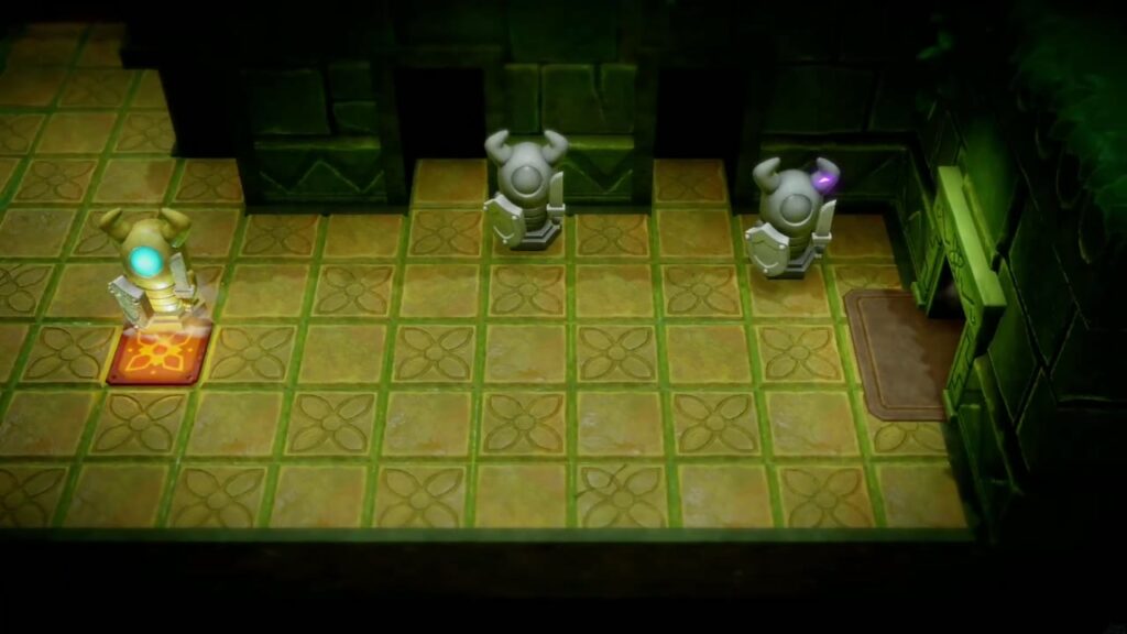 Faron Temple Dungeon - The Legend of Zelda: Echoes of Wisdom Walkthrough 2 A stone statue with a glowing eye stands on an orange floor switch in the room north of the entrance pool.