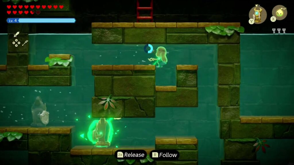 Faron Temple Dungeon - The Legend of Zelda: Echoes of Wisdom Walkthrough 59 Later in the underwater puzzle: Zelda drags a statue along the bottom ledges below the exit ladder.