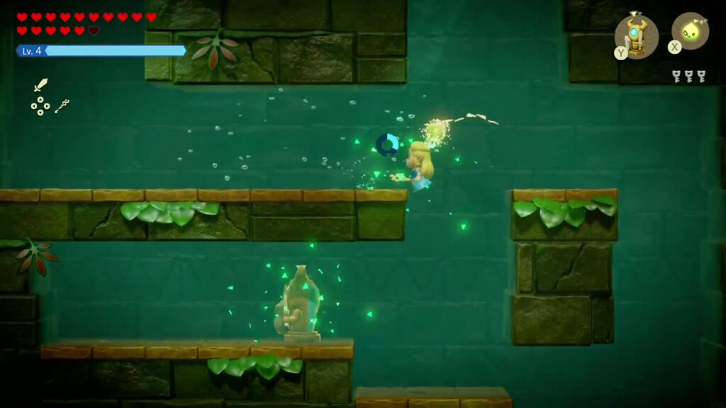 Faron Temple Dungeon - The Legend of Zelda: Echoes of Wisdom Walkthrough 57 Zelda releases the bound statue, which settles onto a lower ledge in a burst of sparkles.