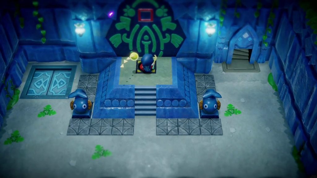 Zelda steps onto the red switch on the dais between the fish statues.