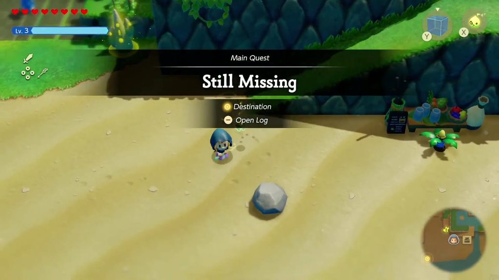 Hyrule Castle: Still Missing - The Legend of Zelda: Echoes of Wisdom Walkthrough 1 The "Still Missing" Main Quest banner appears on the Jabul Waters beach, starting the trip back to Lueburry's house.