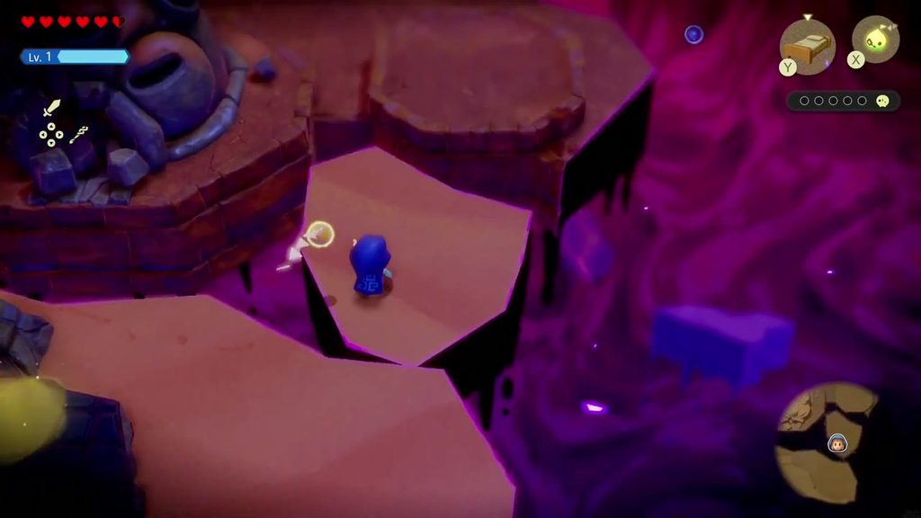 A Rift in the Gerudo Desert - The Legend of Zelda: Echoes of Wisdom Walkthrough 65 Floating rock islands over the purple void, with the five-slot Tri friend counter under the echo icons.