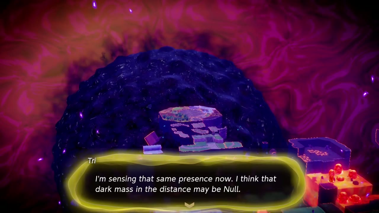 The Eternal Forest - The Legend of Zelda: Echoes of Wisdom Walkthrough 55 Inside the Stilled Ancient Ruins, Tri points out the dark mass in the distance that may be Null.