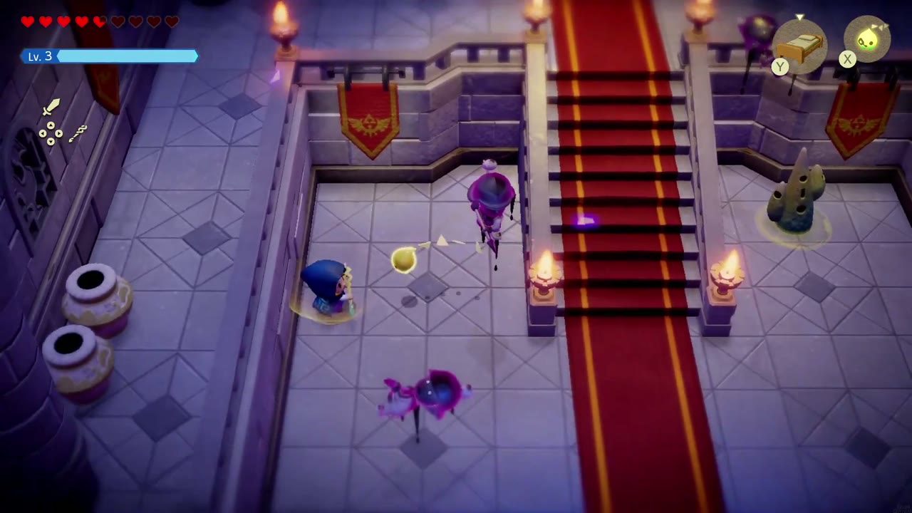 Hyrule Castle: Still Missing - The Legend of Zelda: Echoes of Wisdom Walkthrough 34 Zelda enters the warped entrance hall of Stilled Hyrule Castle, with rift monsters drifting across the floor.