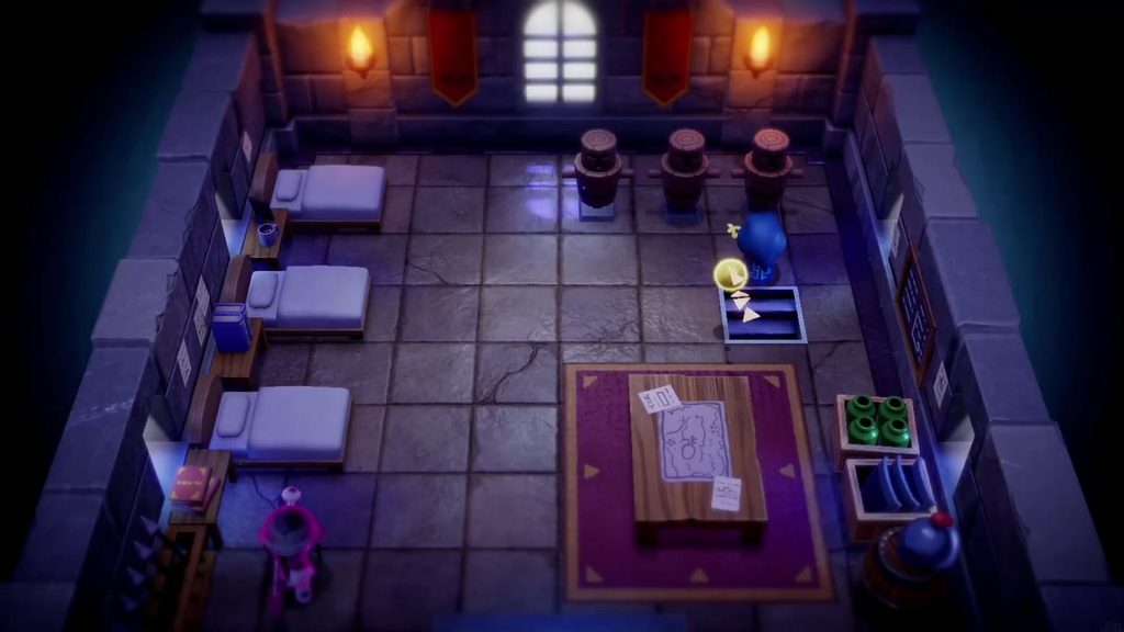 Hyrule Castle: Still Missing - The Legend of Zelda: Echoes of Wisdom Walkthrough 13 Zelda climbs out of the stairwell into the stilled guardhouse barracks, the first room inside the Hyrule Castle Town rift.