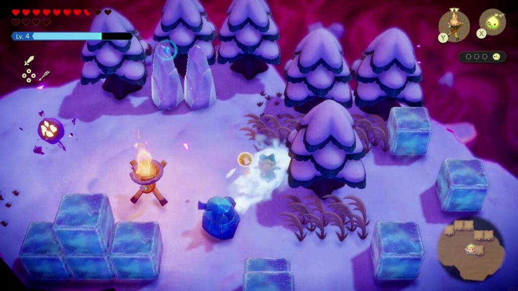 Hebra Mountain: A Rift on Holy Mount Lanayru - The Legend of Zelda: Echoes of Wisdom Walkthrough 77 Inside Stilled Hebra Mountain Passage, Zelda melts ice blocks with a Brazier echo among snowy pines.