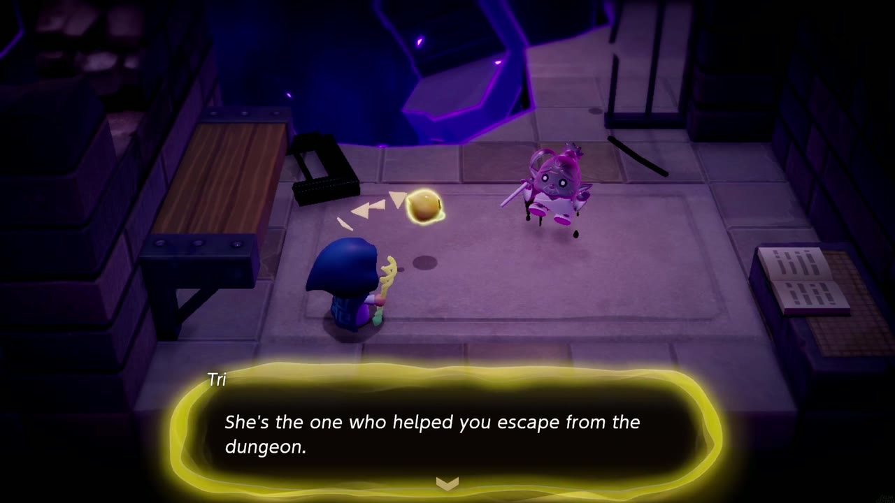 Hyrule Castle: Still Missing - The Legend of Zelda: Echoes of Wisdom Walkthrough 56 Tri recognizes the stilled woman in the cell as the one who helped Zelda escape the dungeon.