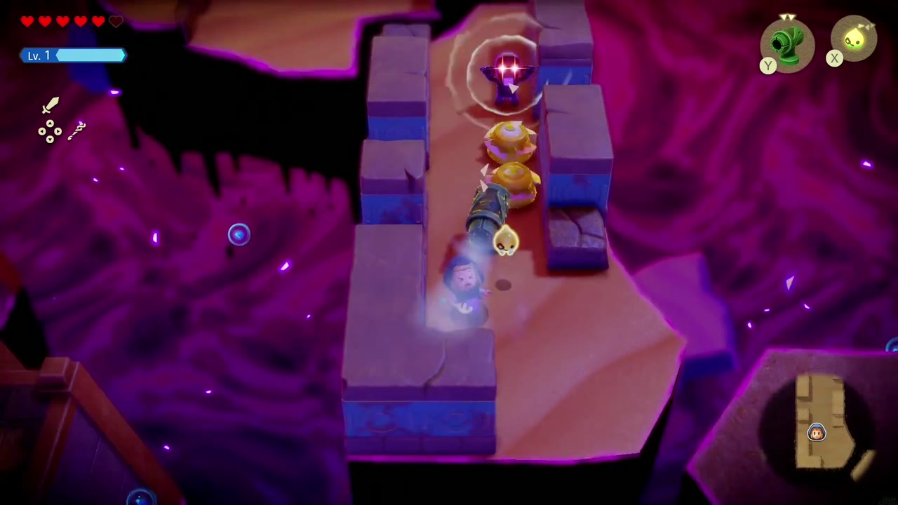 Gerudo Sanctum Dungeon - The Legend of Zelda: Echoes of Wisdom Walkthrough 117 Zelda fights along a narrow walkway in the purple Stilled Gerudo Sanctum on the way to the tower.