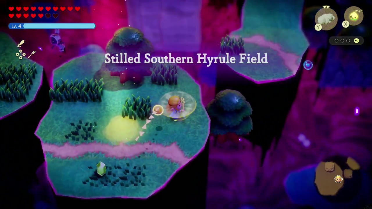 Title card for the Stilled Southern Hyrule Field rift as Zelda arrives on a floating island. Title card for the Stilled Southern Hyrule Field rift as Zelda arrives on a floating island.