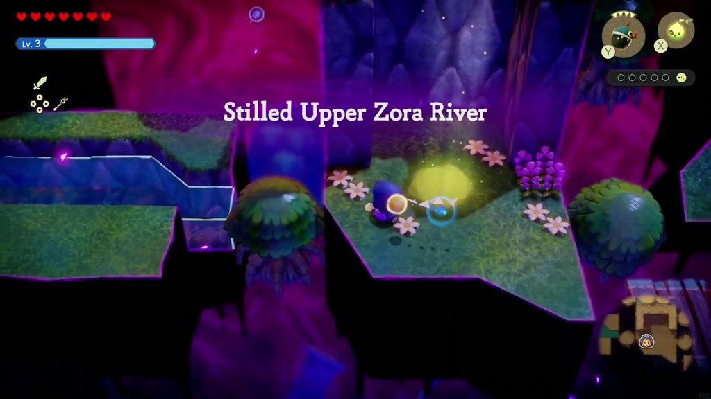 The Jabul Waters Rift - The Legend of Zelda: Echoes of Wisdom Walkthrough 33 The Stilled Upper Zora River title card as Zelda lands on the rift's entrance island.