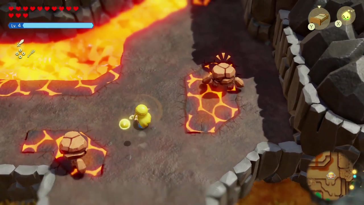 The Fireworks Artist - The Legend of Zelda: Echoes of Wisdom Walkthrough 8 Zelda follows a stone path between lava pools as rock monsters wander nearby.