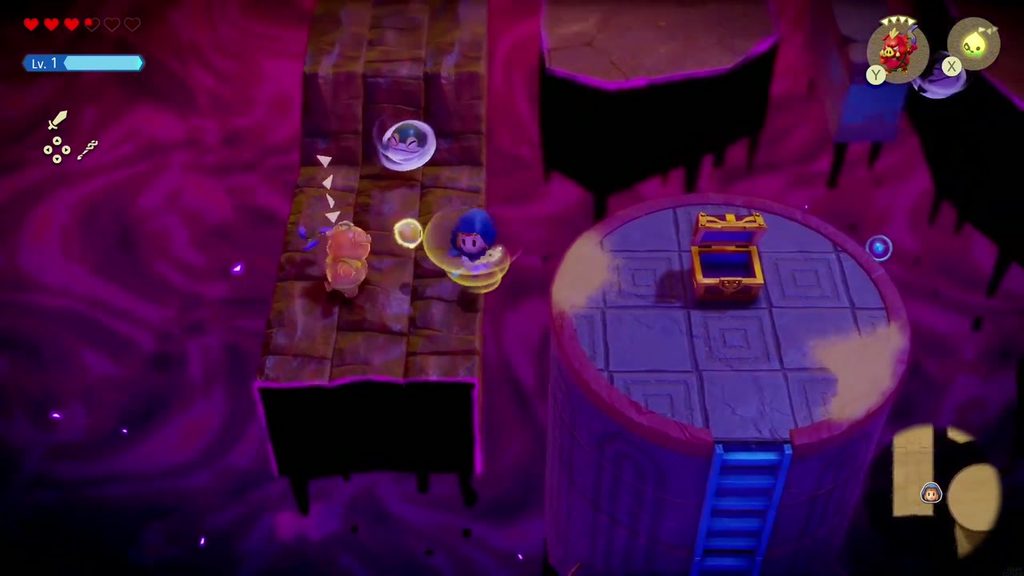 Gerudo Sanctum Dungeon - The Legend of Zelda: Echoes of Wisdom Walkthrough 70 Zelda fights enemies on the narrow stone walkway beside the tower top, with whirlwinds drifting by.