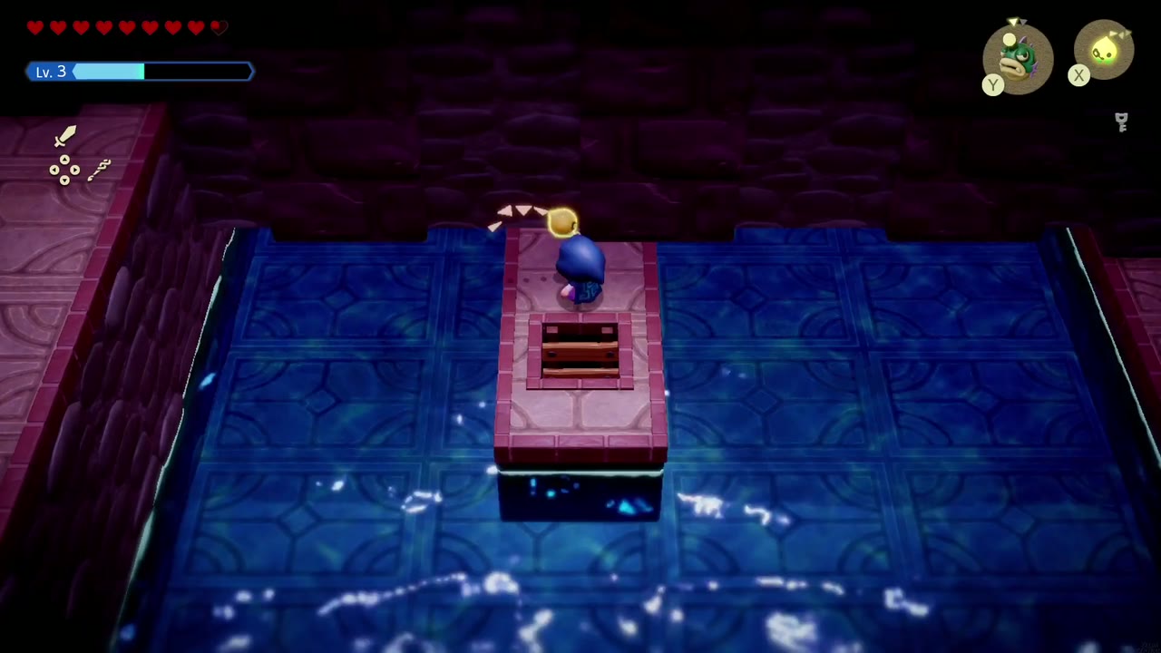Hyrule Castle: Still Missing - The Legend of Zelda: Echoes of Wisdom Walkthrough 97 Zelda climbs out of the hatch onto the central block of the flooded room after finishing the maze.