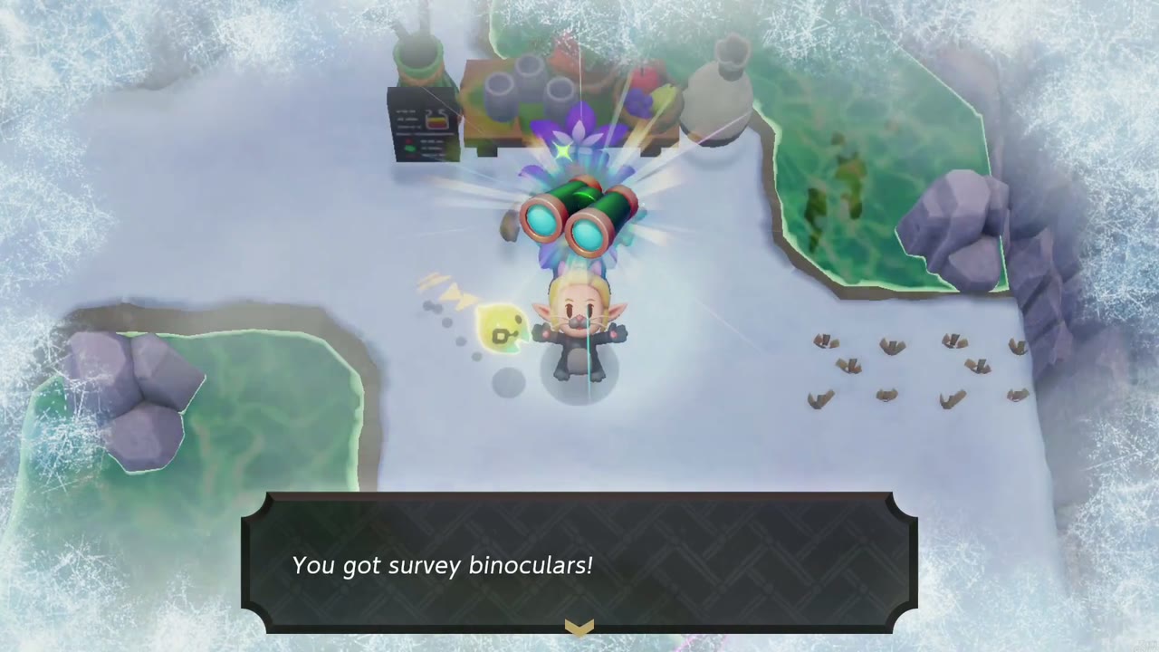 Zelda holds up the Survey Binoculars at the Business Scrub's snowy Hebra Mountain Smoothie Shop Zelda holds up the Survey Binoculars at the Business Scrub's snowy Hebra Mountain Smoothie Shop