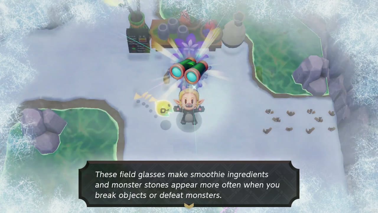 Zelda holds up the Survey Binoculars after more recipes on Hebra Mountain Zelda holds up the Survey Binoculars after more recipes on Hebra Mountain