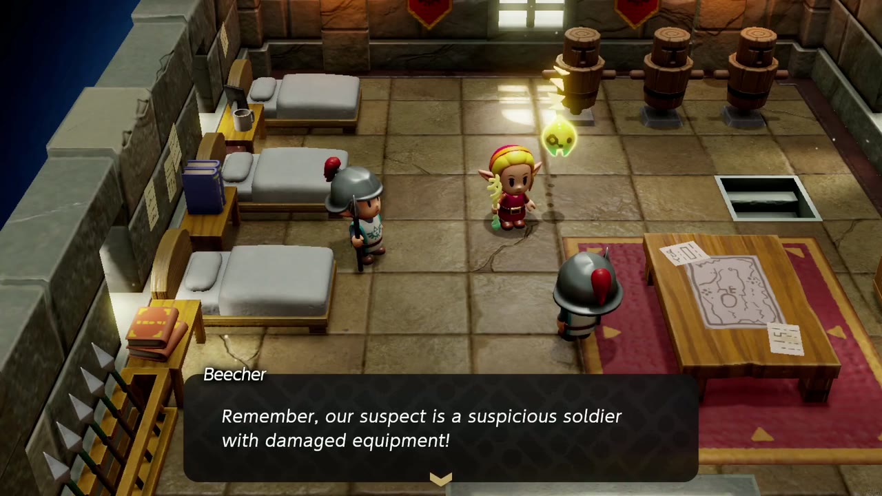 One Soldier Too Many - The Legend of Zelda: Echoes of Wisdom Walkthrough 16 Beecher reminds Zelda their suspect is a suspicious soldier with damaged equipment.