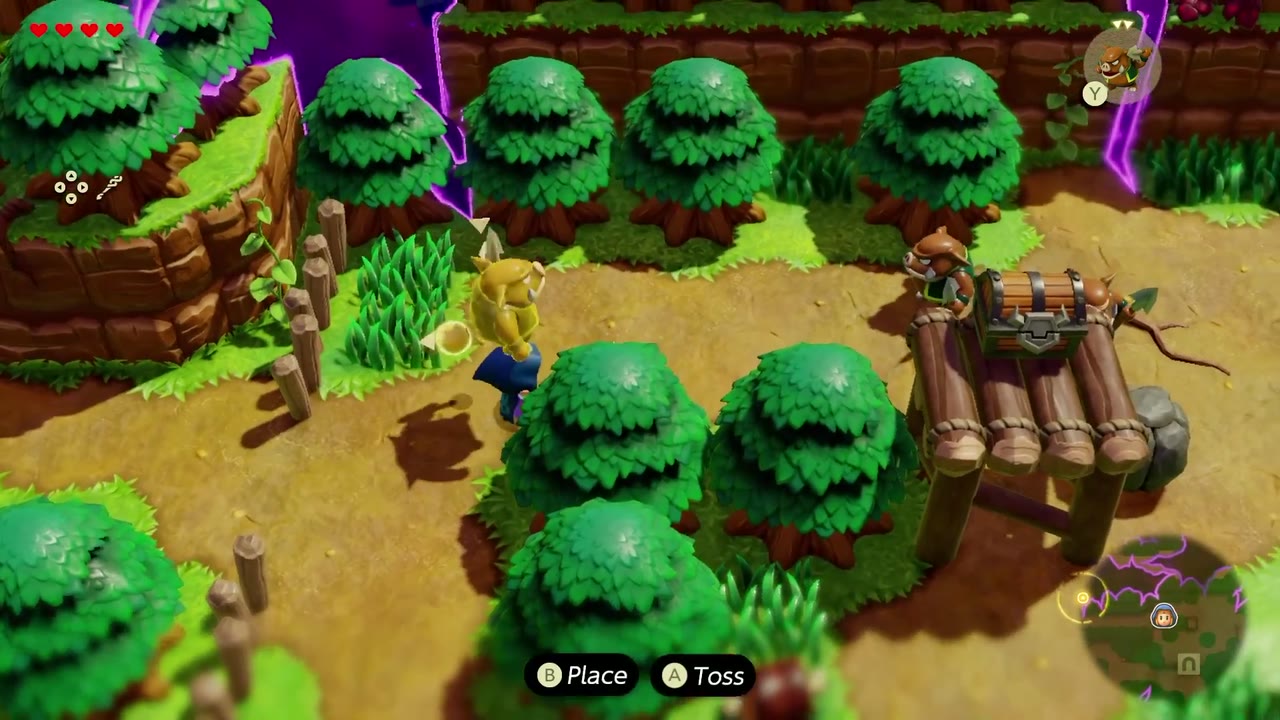 Zelda on a Suthorn Forest path beside a wooden platform holding a chest Zelda on a Suthorn Forest path beside a wooden platform holding a chest