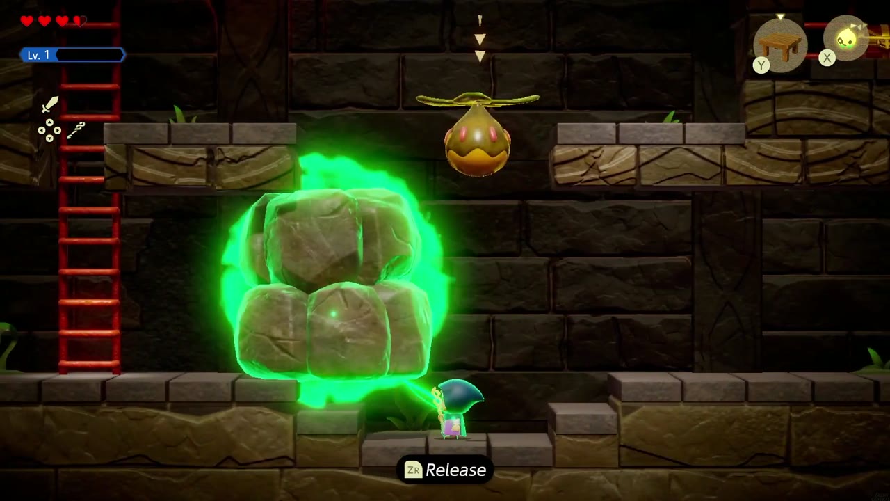 Zelda binds a boulder below the ladder in the side-view Suthorn Ruins room, a Peahat echo hovering above Zelda binds a boulder below the ladder in the side-view Suthorn Ruins room, a Peahat echo hovering above