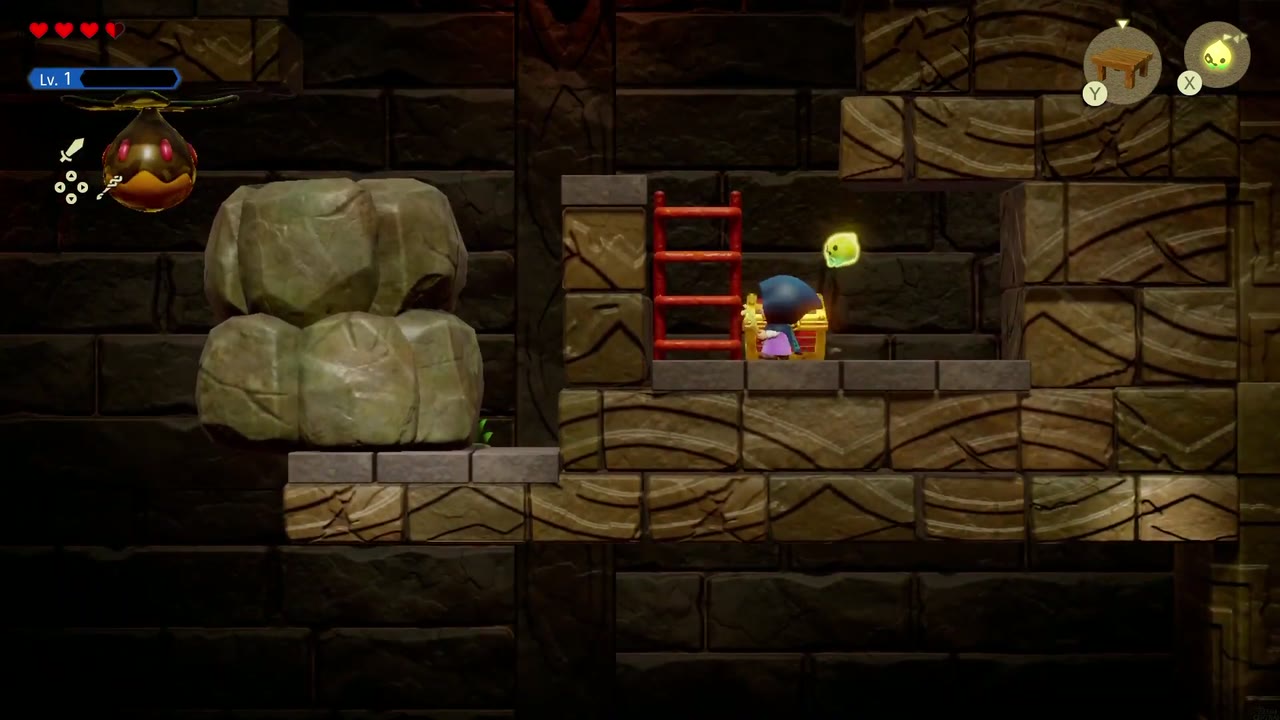 Zelda reaches the chest on the high ledge next to the ladder after riding the bound boulder up Zelda reaches the chest on the high ledge next to the ladder after riding the bound boulder up