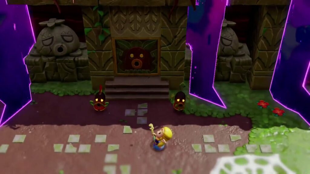 A Rift in the Faron Wetlands - The Legend of Zelda: Echoes of Wisdom Walkthrough 11 Zelda approaches the Sweet Spot's carved gate, guarded by two Deku Scrubs between purple rifts.