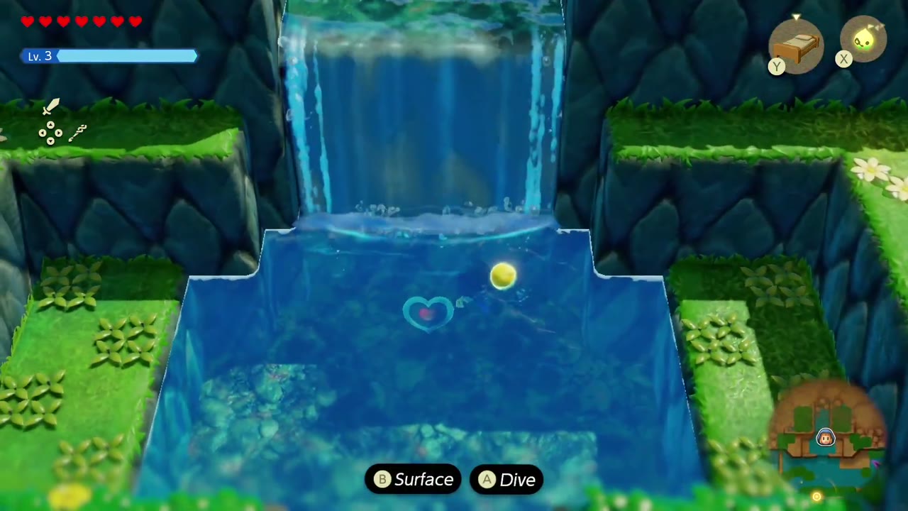 The Jabul Waters Rift - The Legend of Zelda: Echoes of Wisdom Walkthrough 92 Zelda swims to the heart-shaped mark in the waterfall pool and dives for the Piece of Heart.