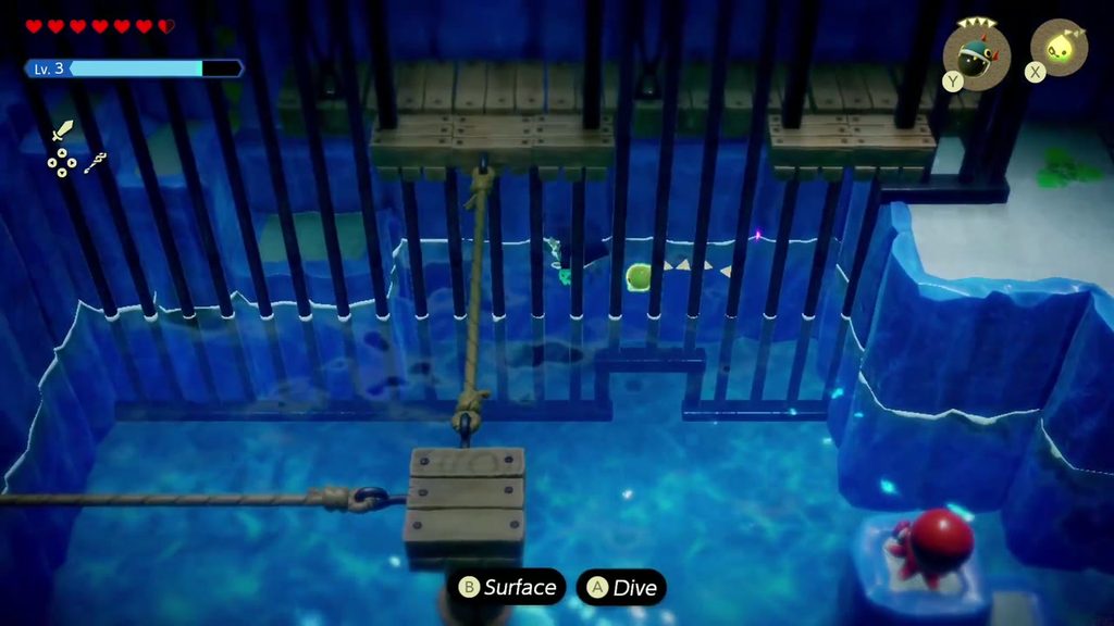 With the crate gone, Zelda swims through the gap into the channel behind the bars.