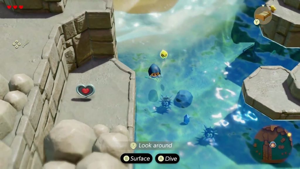 The Mysterious Rifts in Suthorn Forest - The Legend of Zelda: Echoes of Wisdom Walkthrough 30 Zelda swims past Sea Urchins toward the Piece of Heart pillar in the Suthorn Beach tide pools