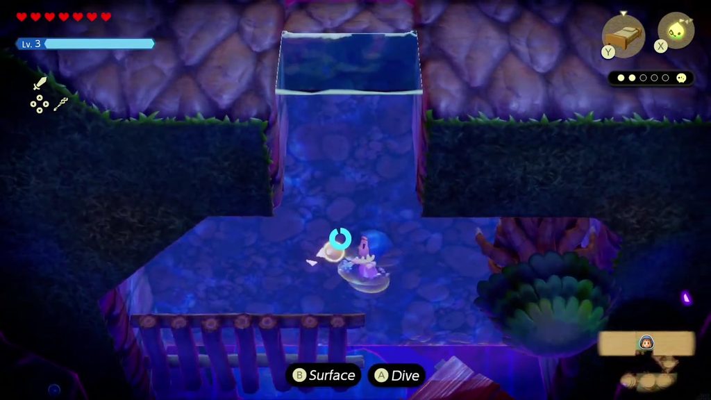 The Jabul Waters Rift - The Legend of Zelda: Echoes of Wisdom Walkthrough 36 Zelda swims up the water column from the hedge-topped block toward the upper ledge in the Stilled Upper Zora River.