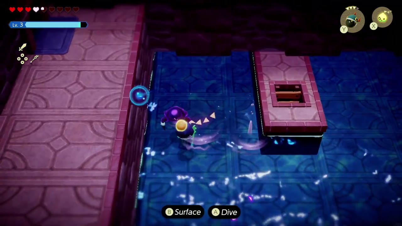 Hyrule Castle: Still Missing - The Legend of Zelda: Echoes of Wisdom Walkthrough 86 Zelda swims across the fast water of the flooded room toward the central raised block.
