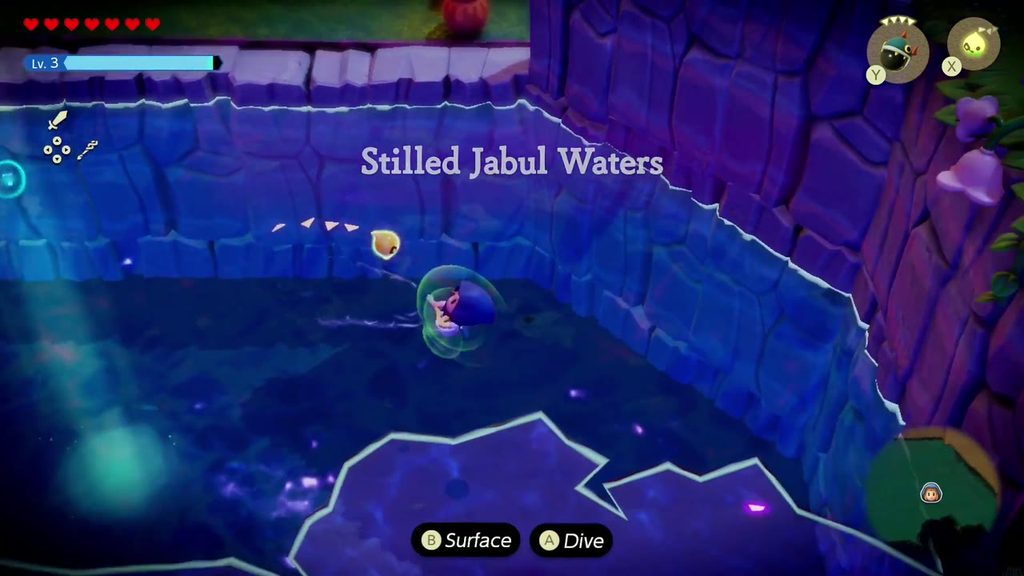 The Jabul Waters Rift - The Legend of Zelda: Echoes of Wisdom Walkthrough 66 Zelda swims north from the entry pool as the Stilled Jabul Waters title appears inside the rift.